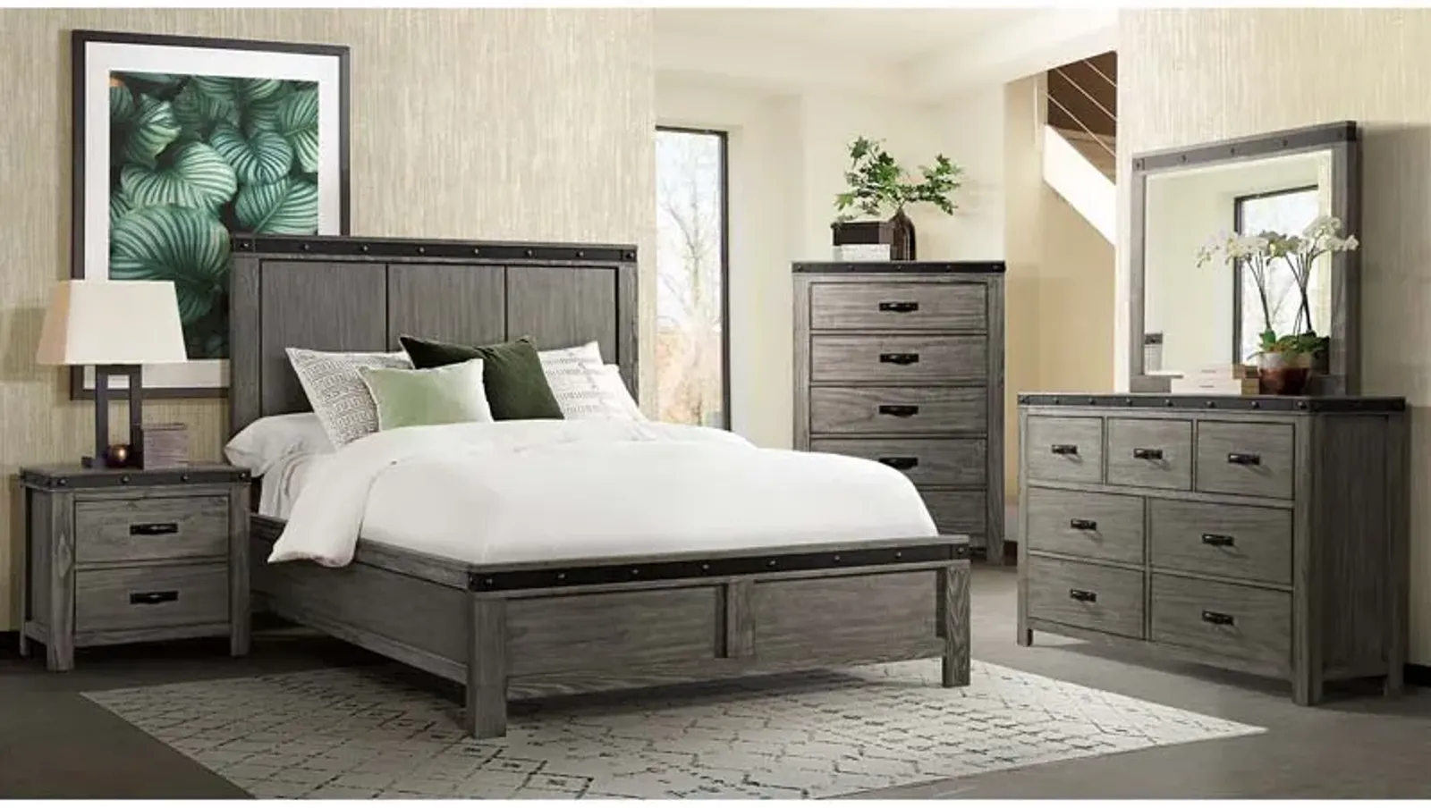 Wade Panel Bed, Dresser & Mirror in Gray, Eastern King