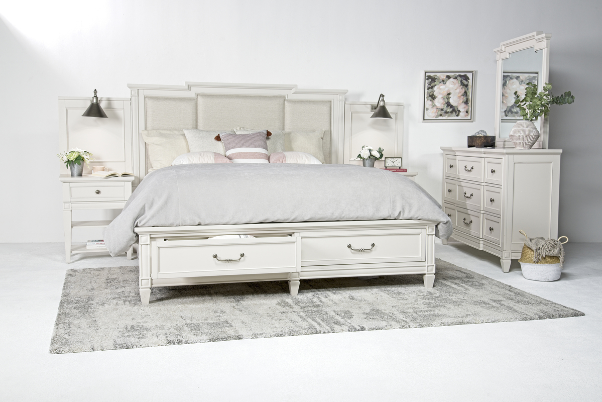 Willowbrook Upholstered Wall Bed w/ Storage in Egg Shell White, CA King