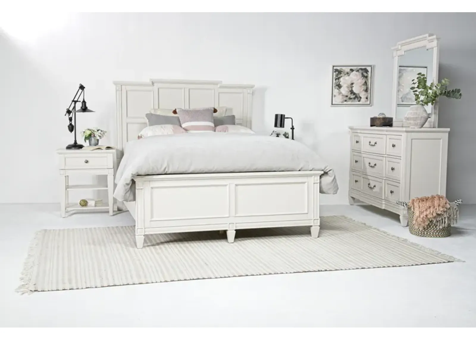 Willowbrook Panel Bed, Dresser & Mirror in Egg Shell White, Queen