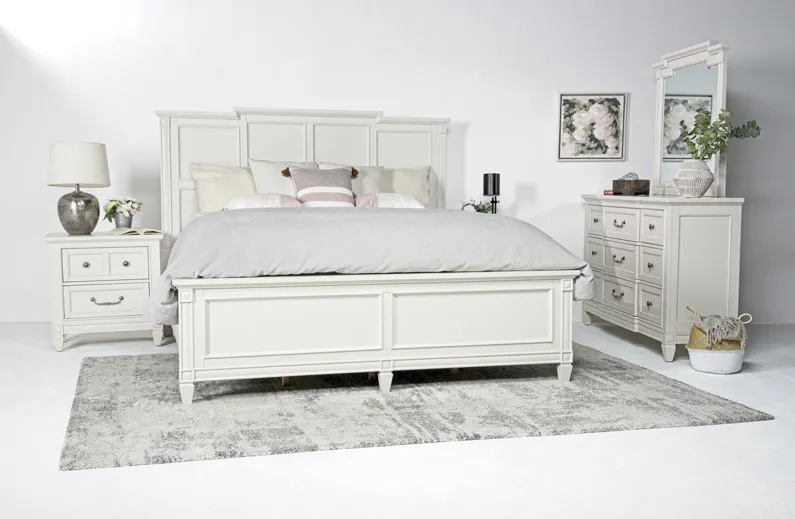 Willowbrook Panel Bed, Dresser & Mirror in Egg Shell White, Eastern King