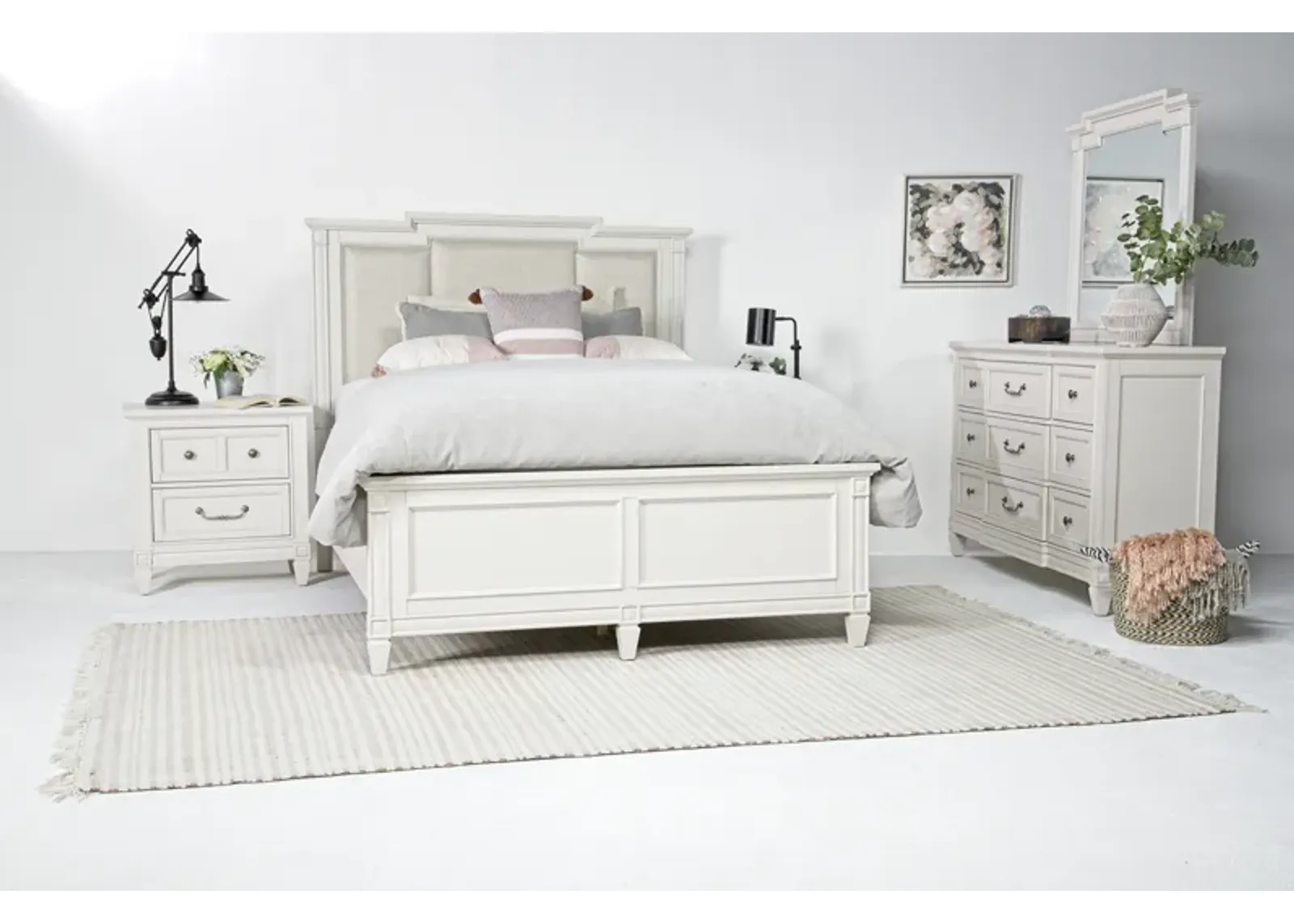 Willowbrook Upholstered Bed, Dresser & Mirror in Egg Shell White, Queen