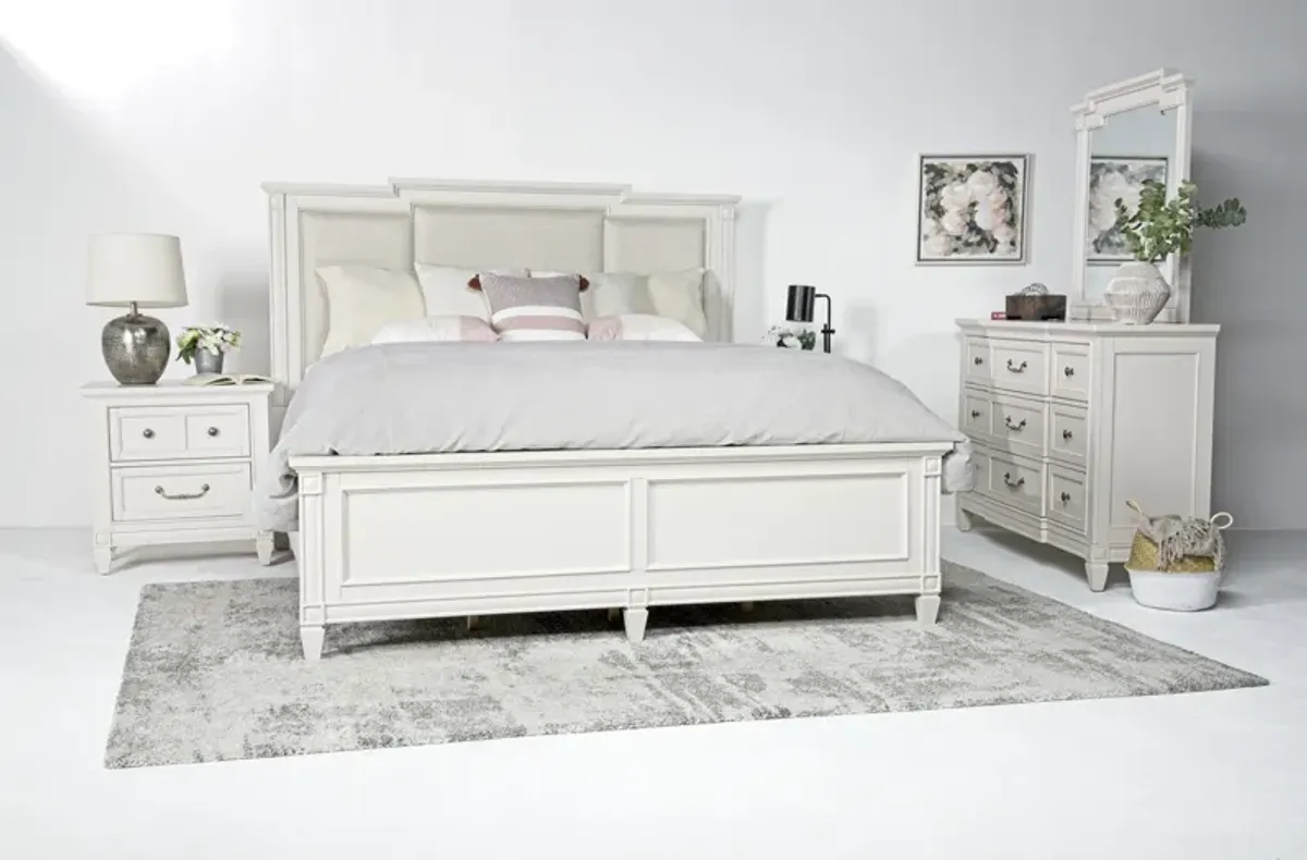 Willowbrook Upholstered Bed, Dresser & Mirror in Egg Shell White, CA King