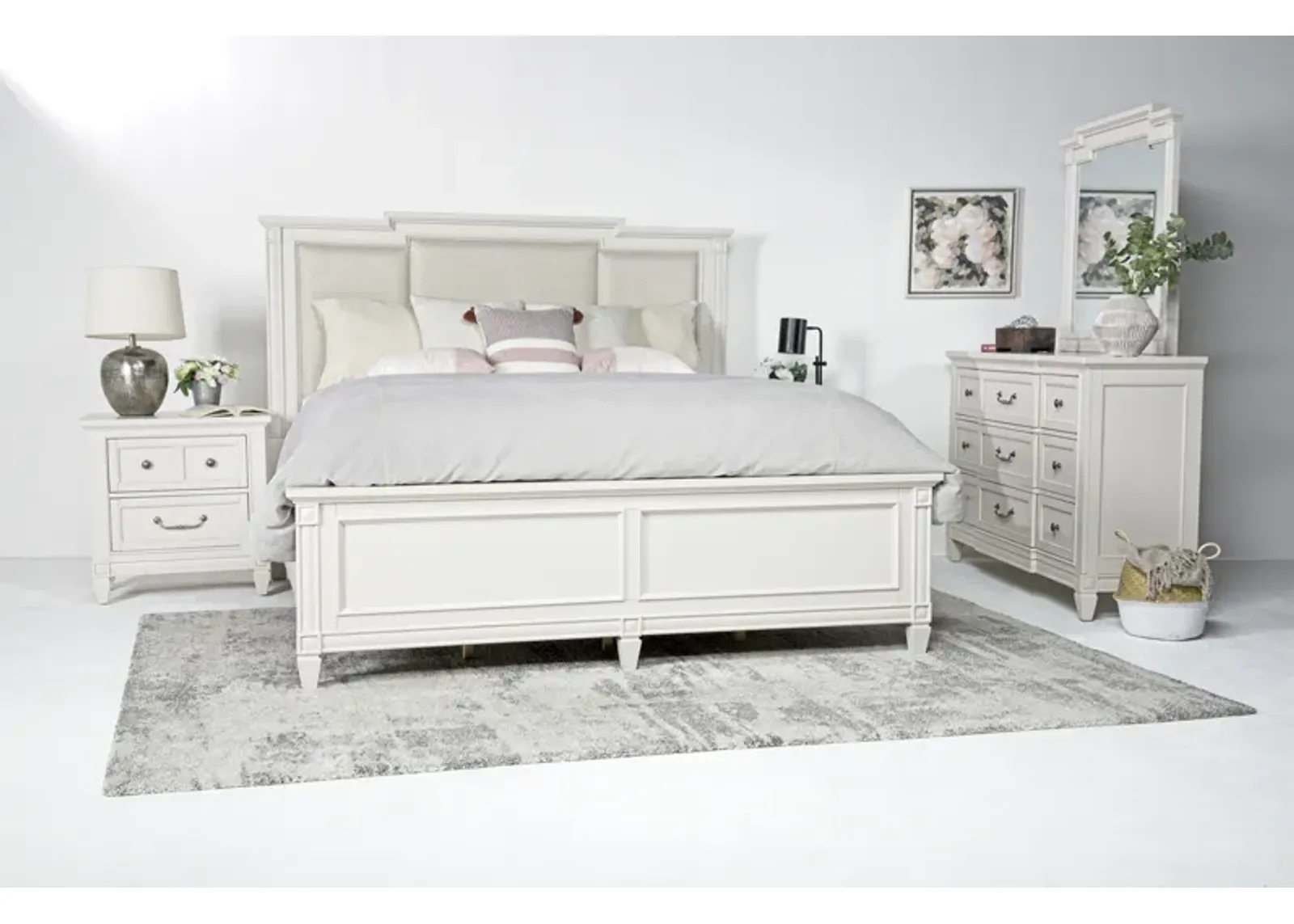 Willowbrook Upholstered Bed, Dresser & Mirror in Egg Shell White, Eastern King