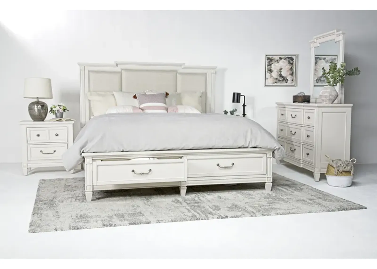 Willowbrook Upholstered Bed w/ Storage, Dresser & Mirror in Egg Shell White, Queen