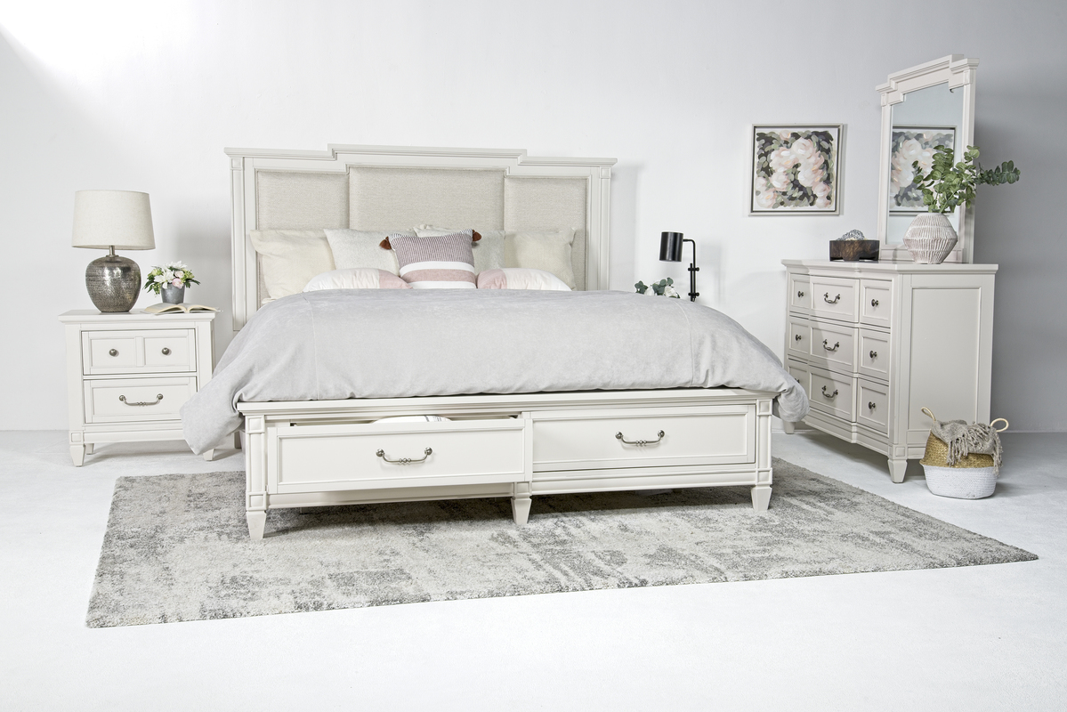 Willowbrook Upholstered Bed w/ Storage, Dresser & Mirror in Egg Shell White, Queen
