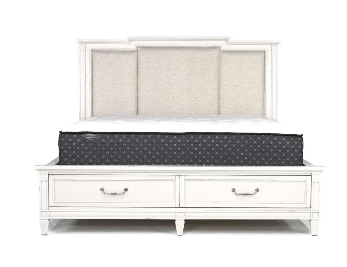 Willowbrook Upholstered Bed w/ Storage in Egg Shell White, CA King