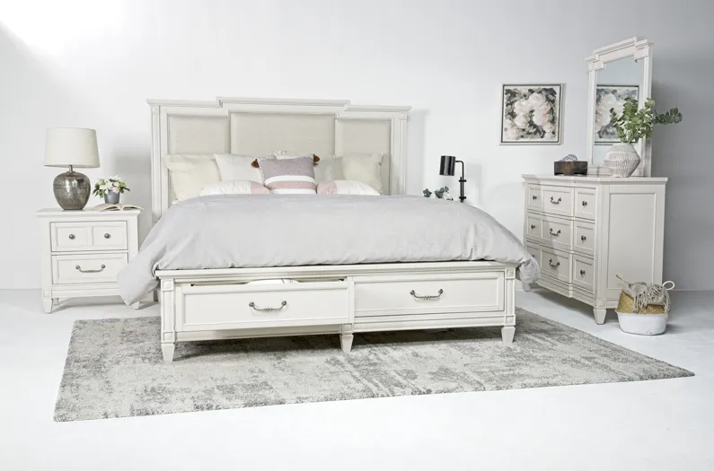 Willowbrook Upholstered Bed w/ Storage, Dresser & Mirror in Egg Shell White, CA King