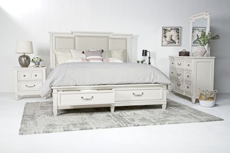 Willowbrook Upholstered Bed w/ Storage, Dresser & Mirror in Egg Shell White, Eastern King