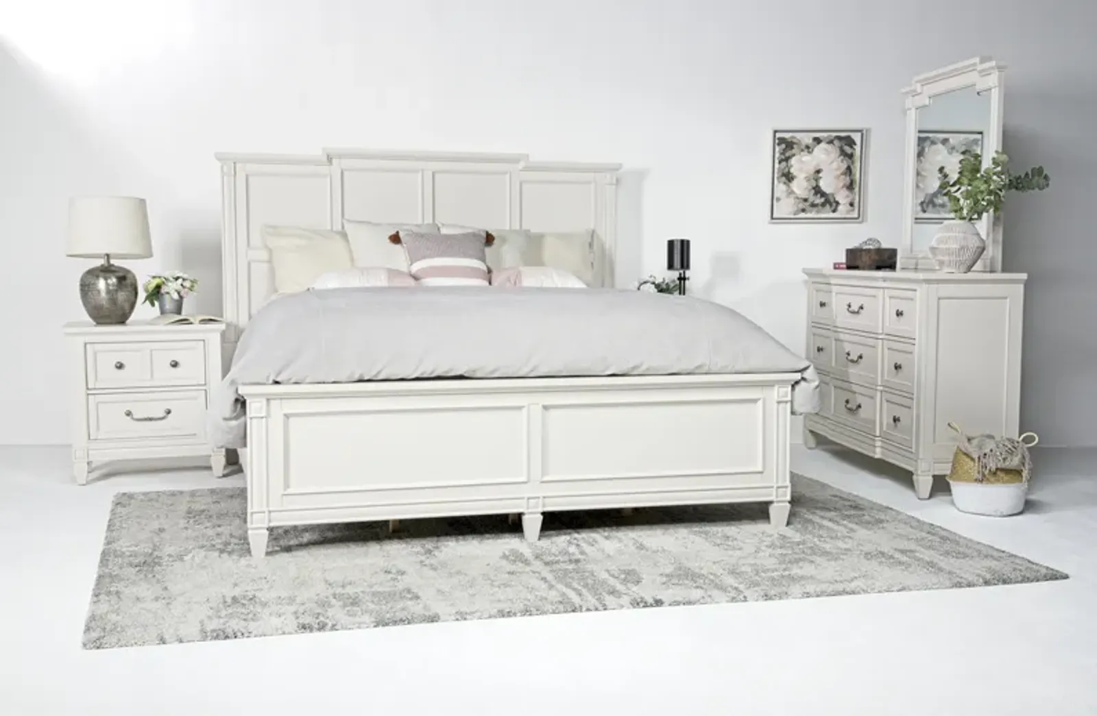 Willowbrook Panel Bed, Dresser, Mirror & Nightstand in Egg Shell White, Queen