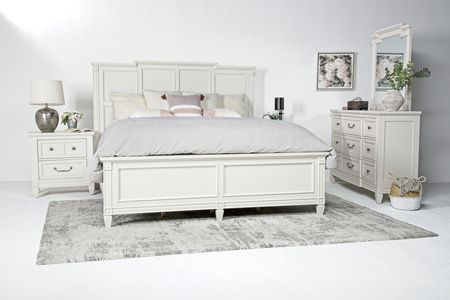 Willowbrook Panel Bed, Dresser, Mirror & Nightstand in Egg Shell White, Queen