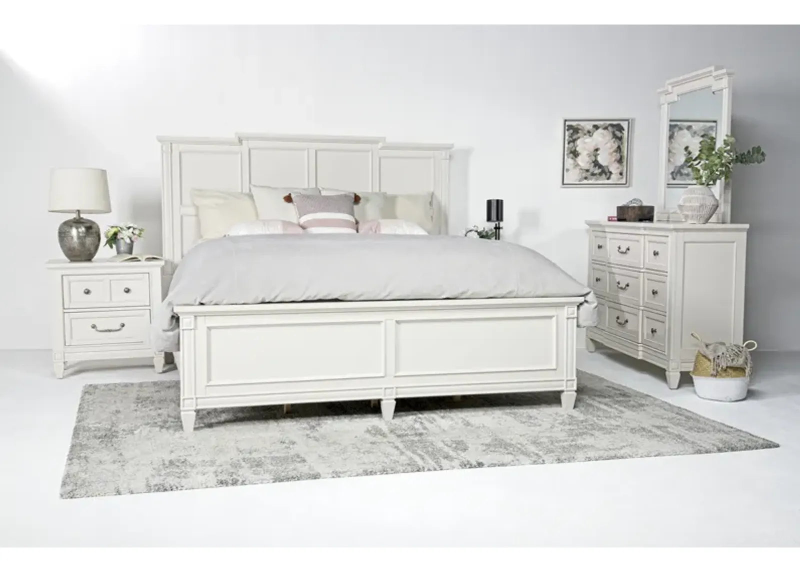 Willowbrook Panel Bed, Dresser, Mirror & Nightstand in Egg Shell White, CA King