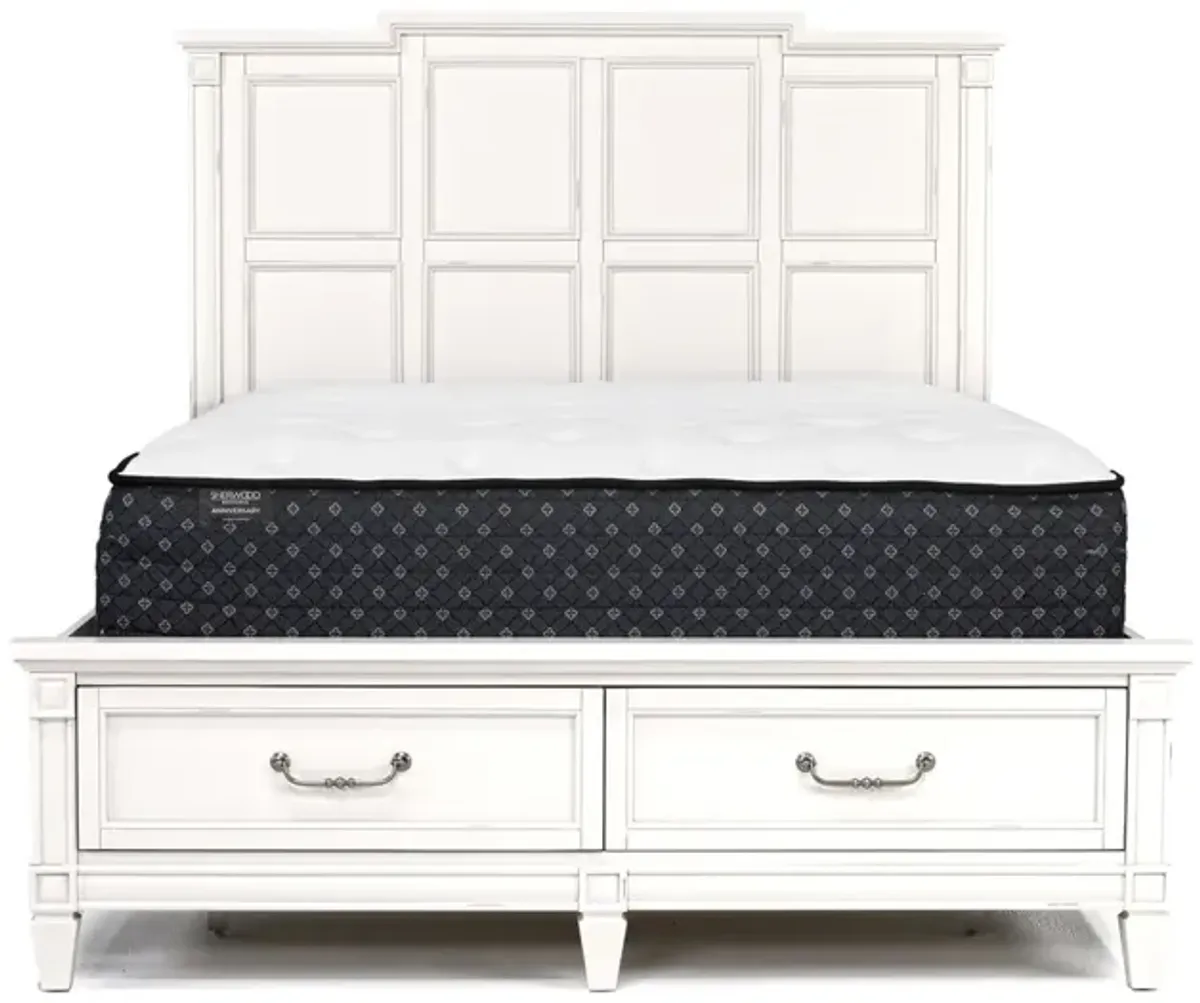 Willowbrook Panel Bed w/ Storage, Dresser, Mirror & Nightstand in Egg Shell White, Eastern King