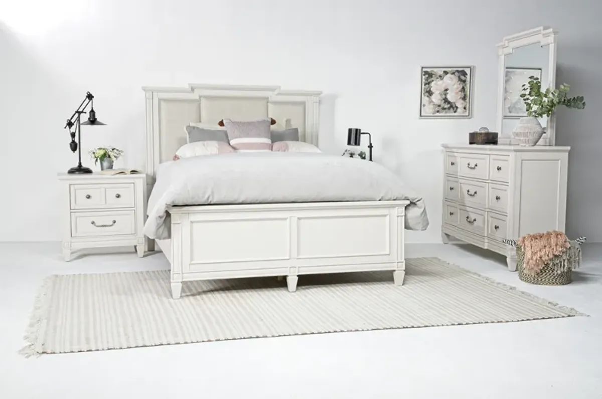 Willowbrook Upholstered Panel Bed, Dresser, Mirror & Nightstand in Egg Shell White, Queen