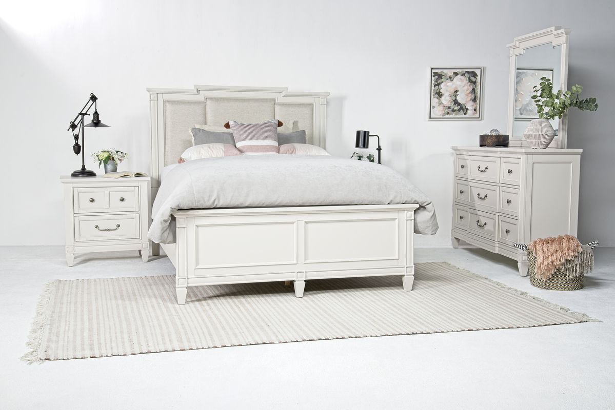 Willowbrook Upholstered Panel Bed, Dresser, Mirror & Nightstand in Egg Shell White, Queen