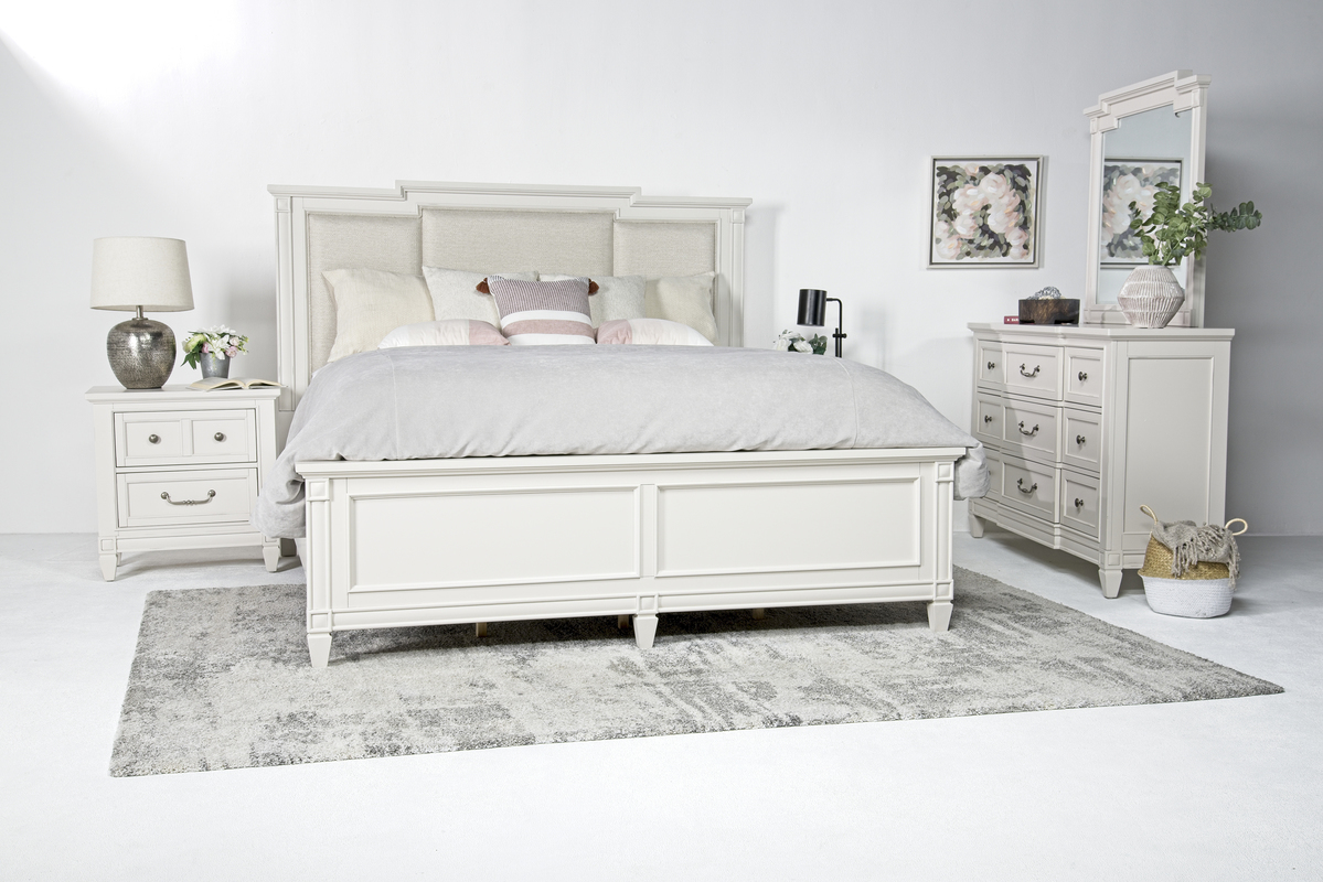 Willowbrook Upholstered Panel Bed, Dresser, Mirror & Nightstand in Egg Shell White, CA King