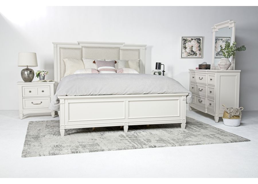 Willowbrook Upholstered Panel Bed, Dresser, Mirror & Nightstand in Egg Shell White, Eastern King