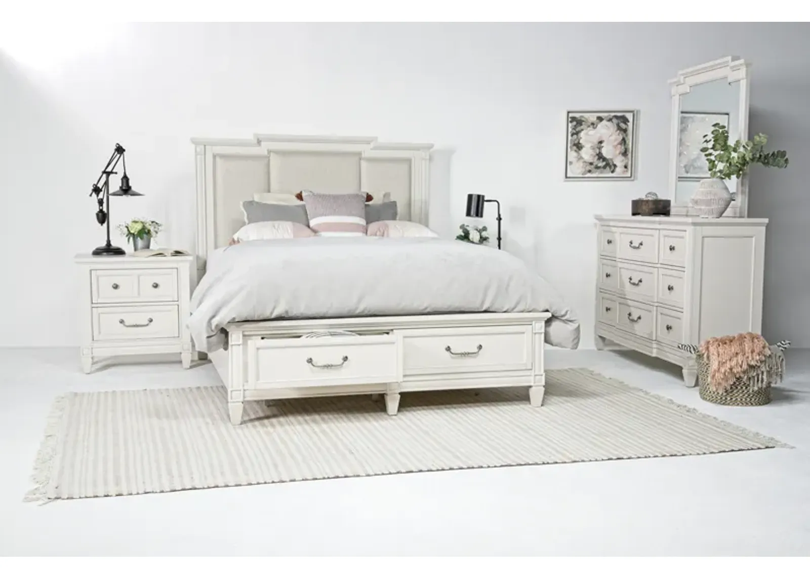 Willowbrook Upholstered Panel Bed w/ Storage, Dresser, Mirror & Nightstand in Egg Shell White, Queen