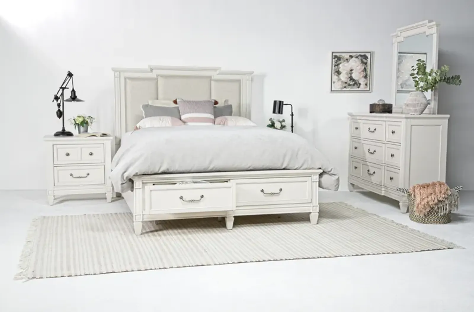 Willowbrook Upholstered Panel Bed w/ Storage, Dresser, Mirror & Nightstand in Egg Shell White, Queen