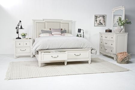 Willowbrook Upholstered Panel Bed w/ Storage, Dresser, Mirror & Nightstand in Egg Shell White, Queen