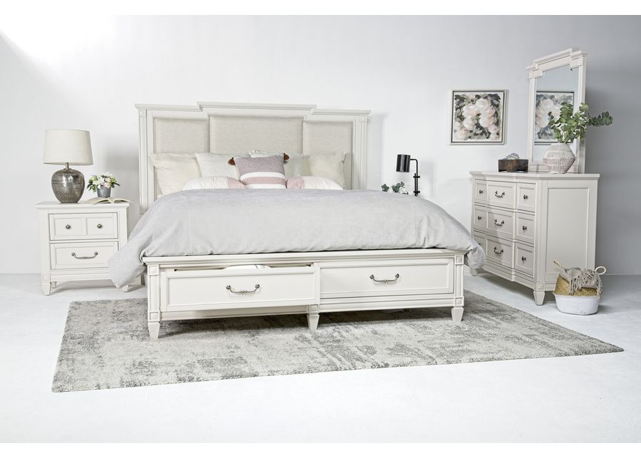 Willowbrook Upholstered Panel Bed w/ Storage, Dresser, Mirror & Nightstand in Egg Shell White, CA King