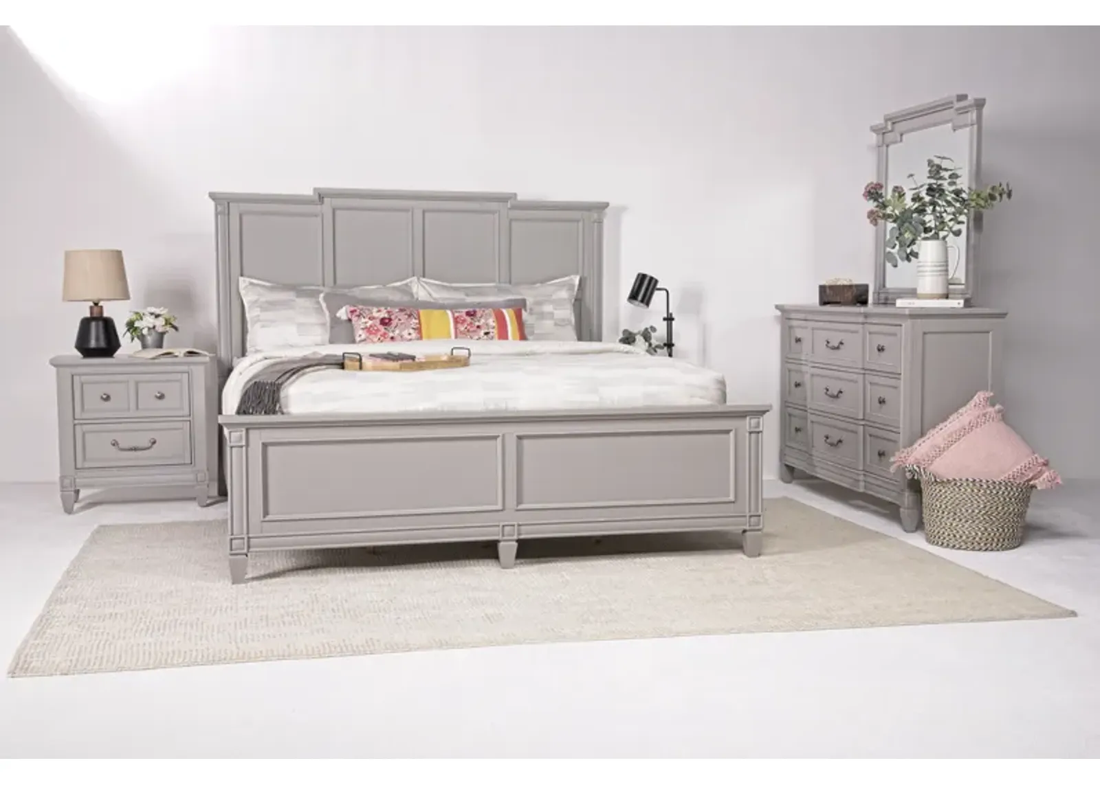 Willowbrook Panel Bed, Dresser & Mirror in Pebble, Queen