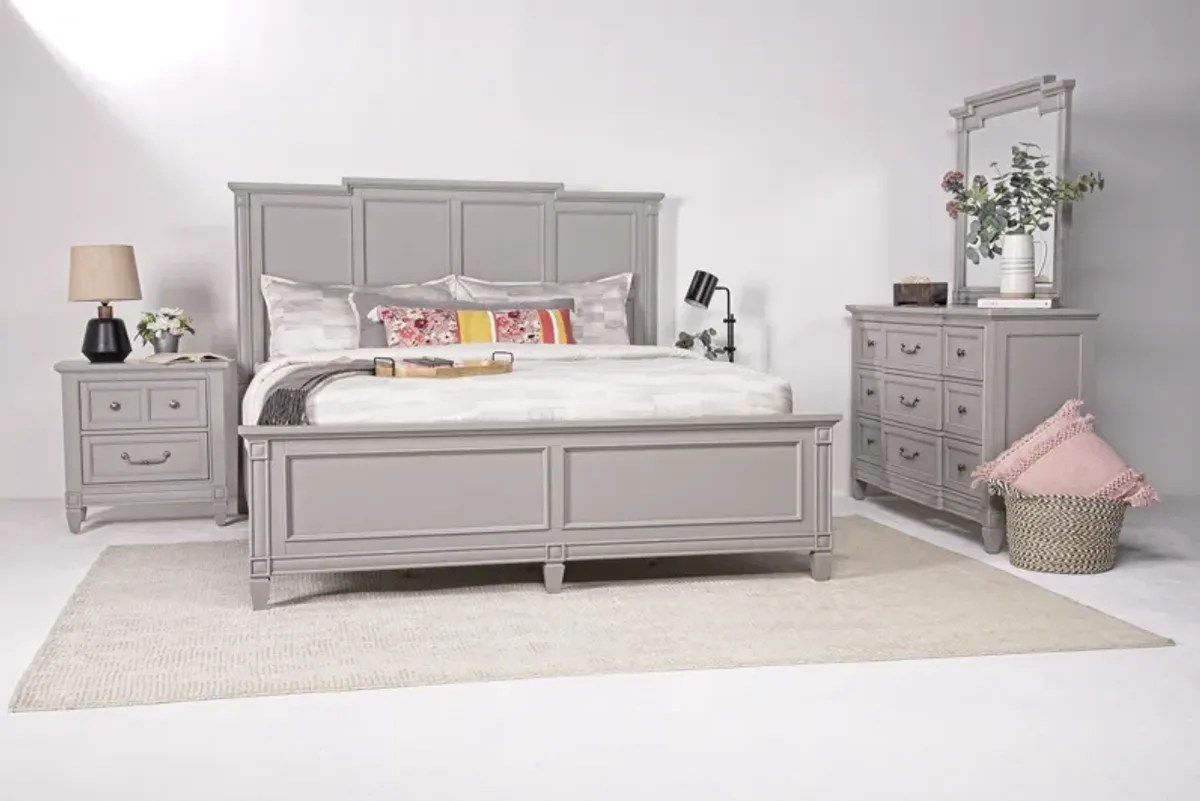 Willowbrook Panel Bed, Dresser & Mirror in Pebble, Queen