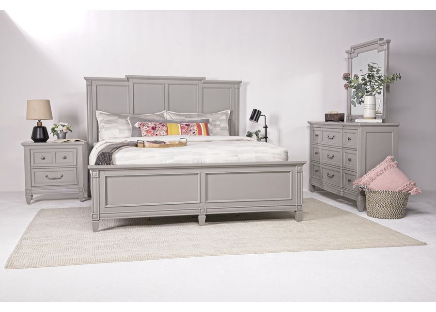 Willowbrook Panel Bed, Dresser, Mirror & Nightstand in Pebble, Queen