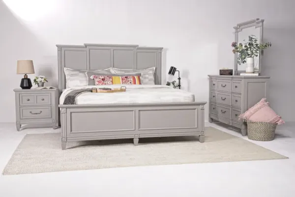 Willowbrook Panel Bed, Dresser, Mirror & Nightstand in Pebble, Queen