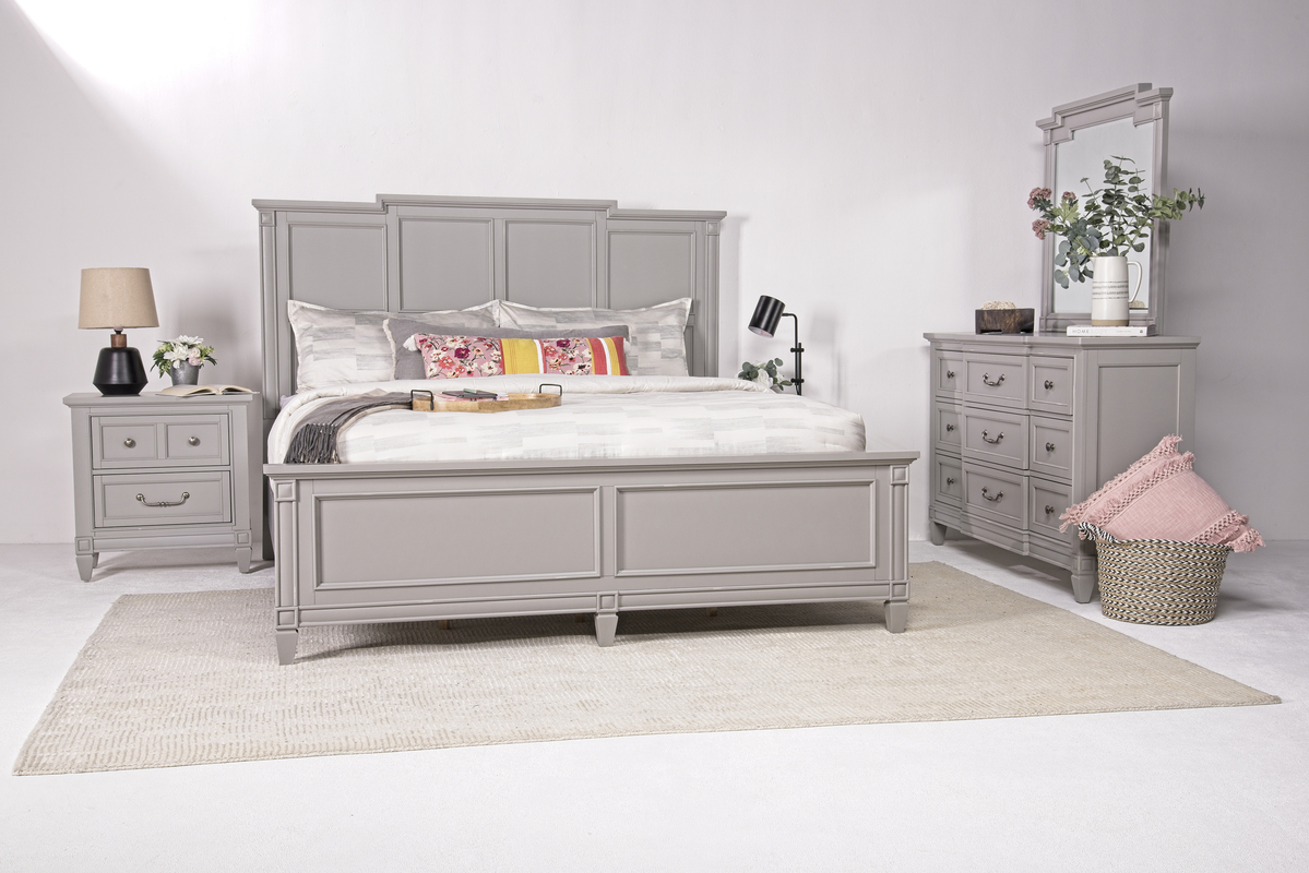 Willowbrook Panel Bed, Dresser, Mirror & Nightstand in Pebble, CA King