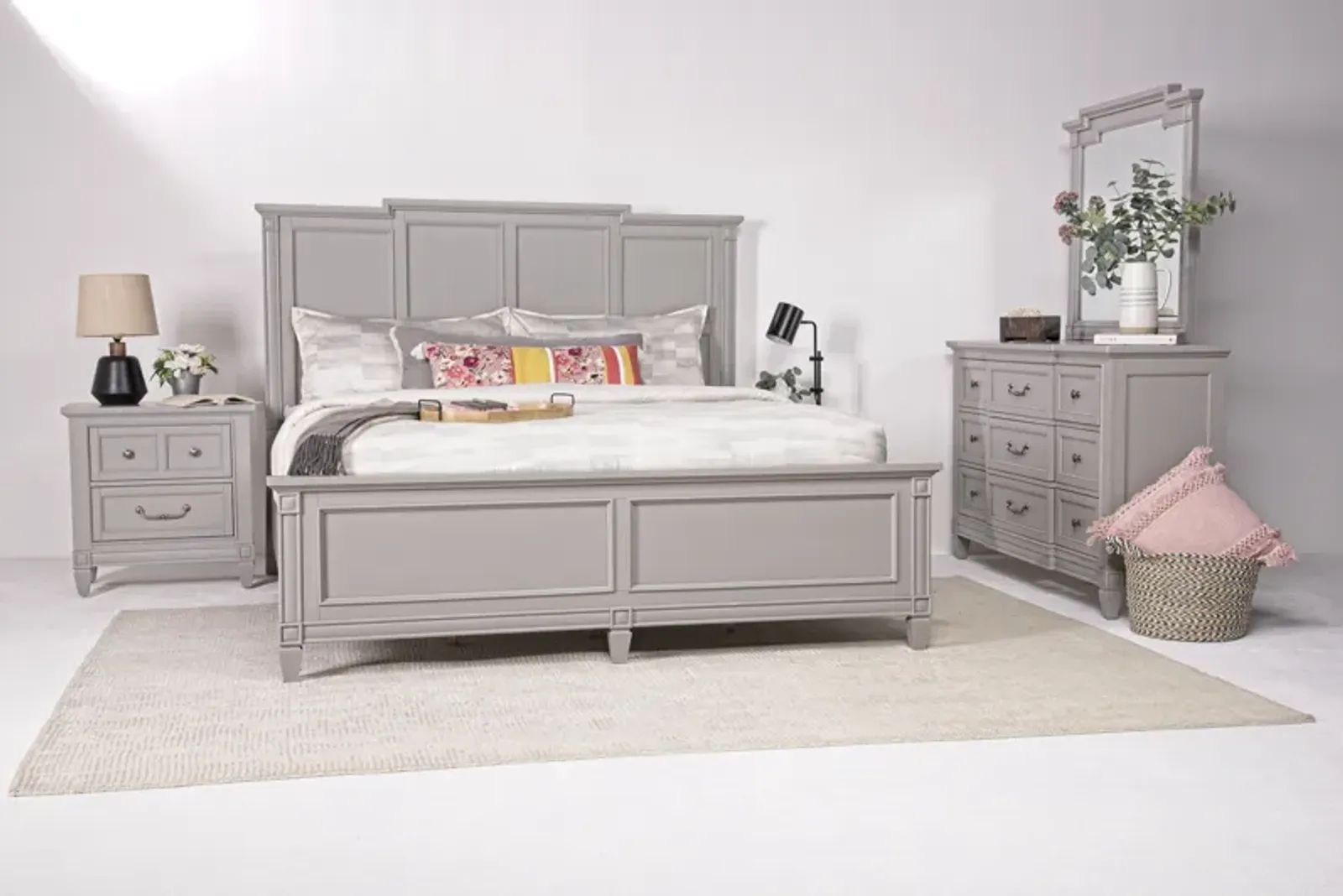 Willowbrook Panel Bed, Dresser, Mirror & Nightstand in Pebble, Eastern King