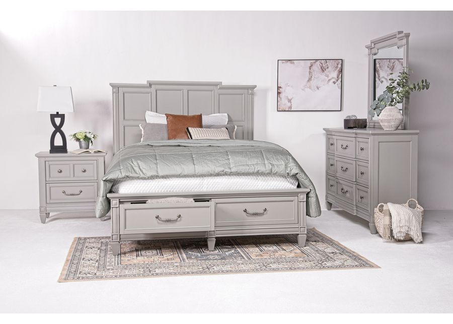 Willowbrook Panel Bed w/ Storage, Dresser & Mirror in Pebble, Queen