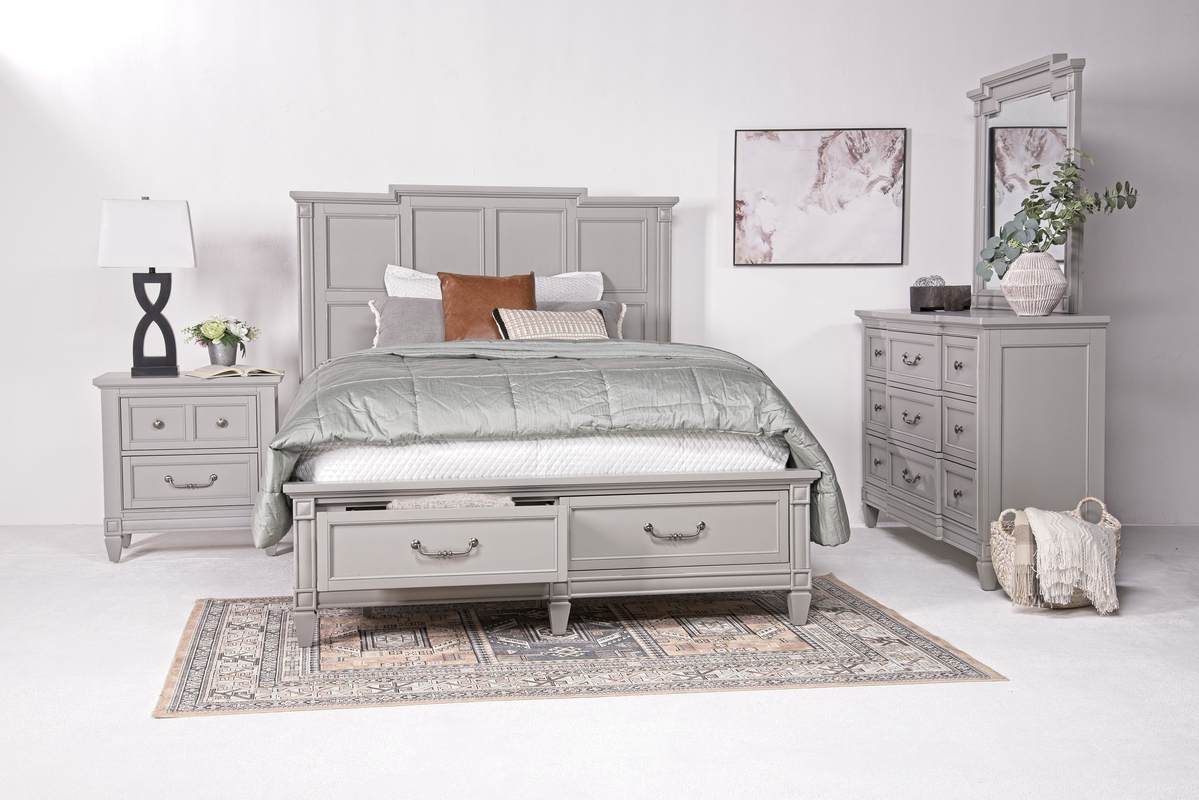 Willowbrook Panel Bed w/ Storage, Dresser & Mirror in Pebble, Queen