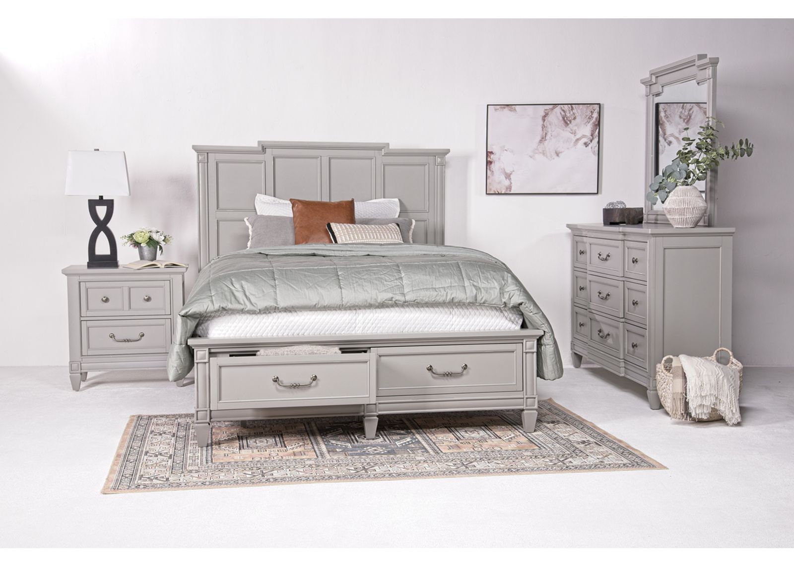 Willowbrook Panel Bed w/ Storage, Dresser, Mirror & Nightstand in Pebble, Queen