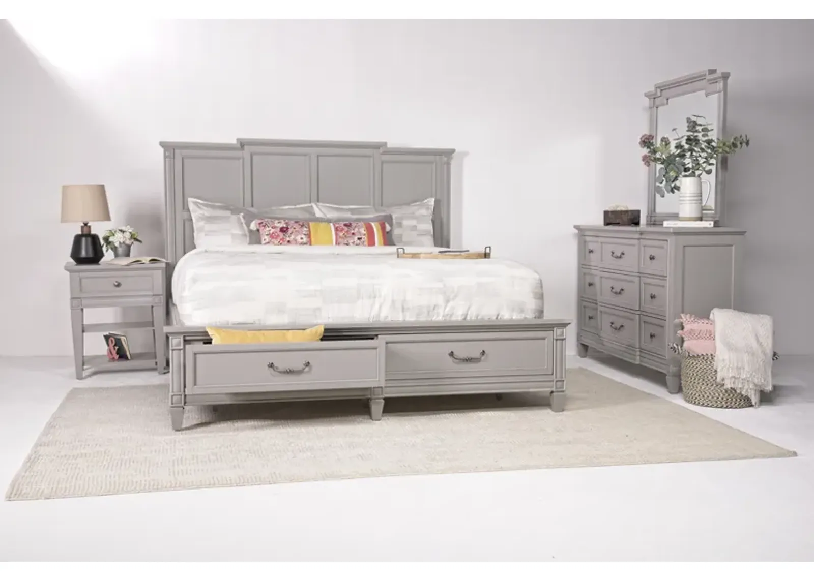 Willowbrook Panel Bed w/ Storage, Dresser & Mirror in Pebble, CA King