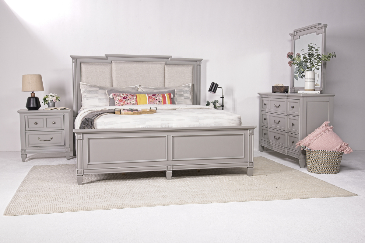 Willowbrook Upholstered Panel Bed, Dresser, Mirror & Nightstand in Pebble, Queen