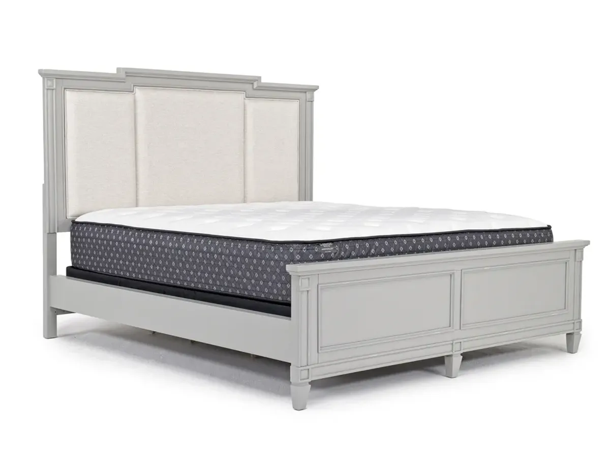 Willowbrook Upholstered Panel Bed, Dresser & Mirror in Pebble, CA King