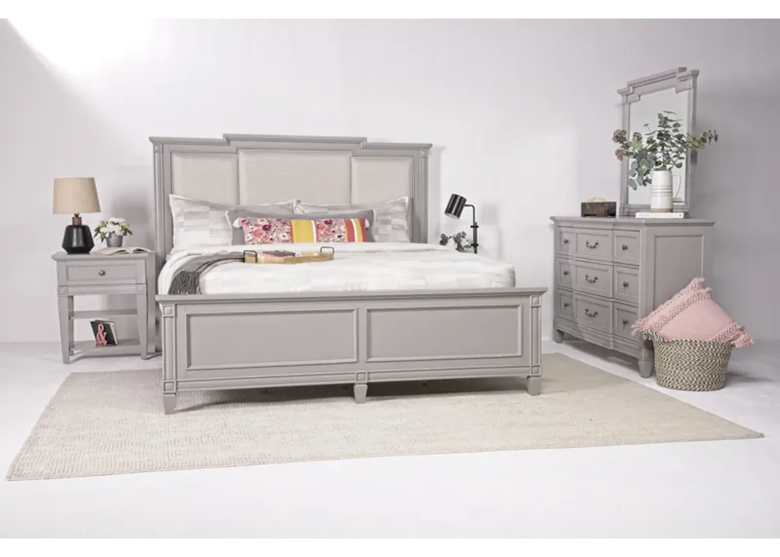 Willowbrook Upholstered Panel Bed, Dresser & Mirror in Pebble, CA King