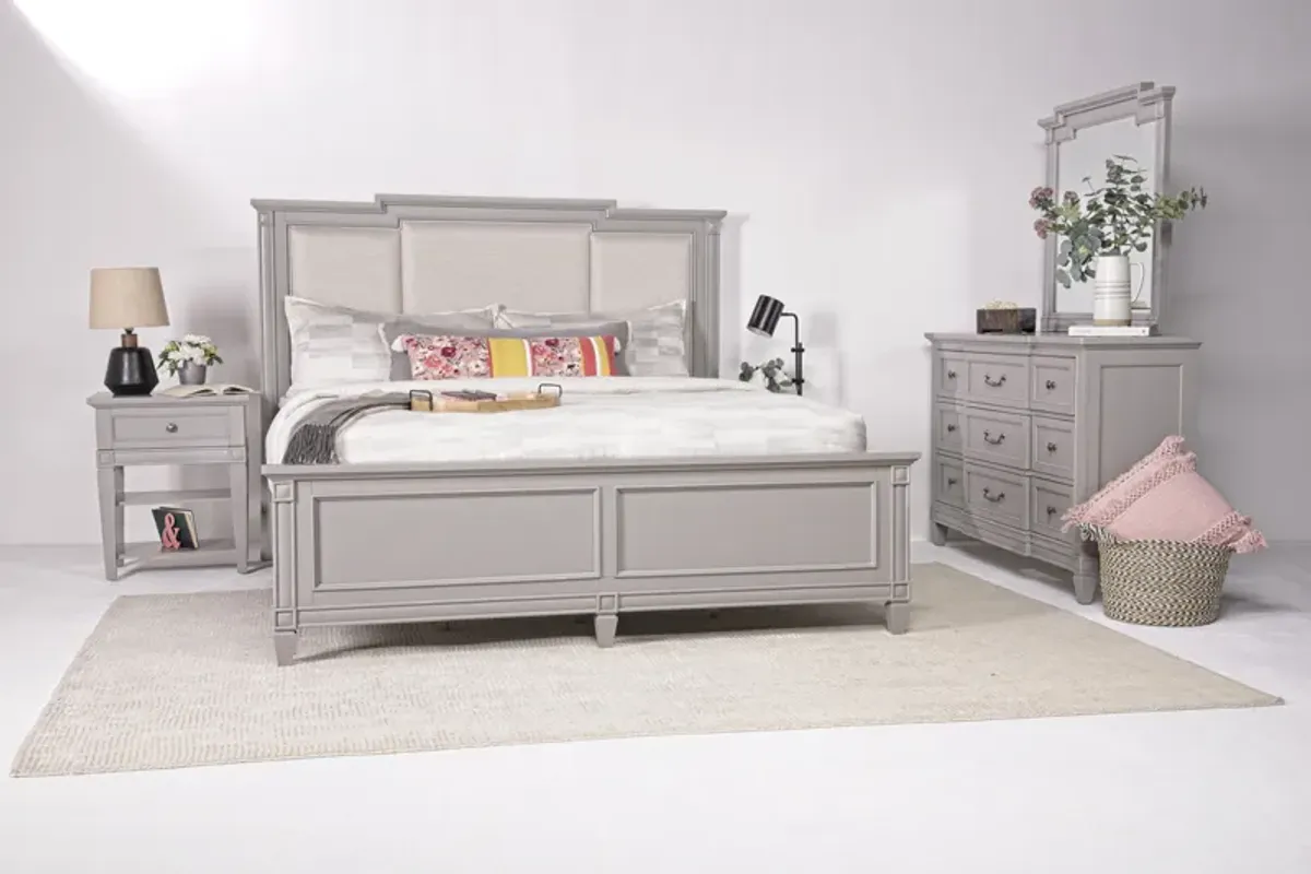 Willowbrook Upholstered Panel Bed, Dresser & Mirror in Pebble, CA King