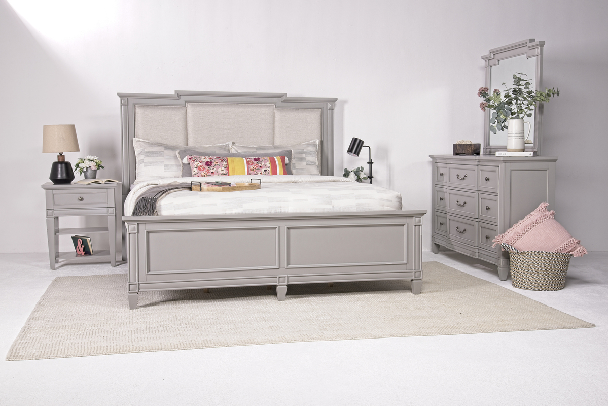 Willowbrook Upholstered Panel Bed, Dresser & Mirror in Pebble, CA King