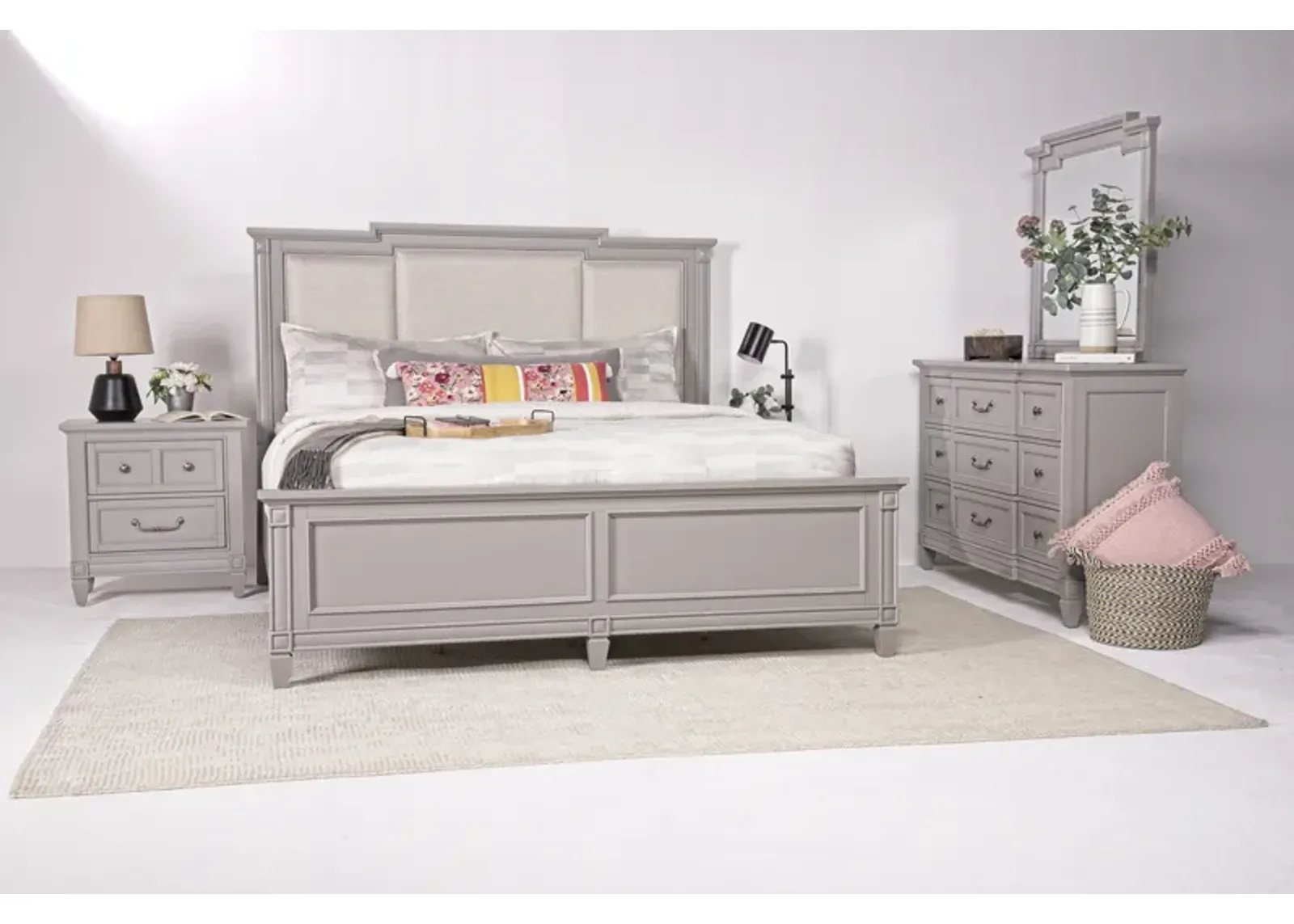 Willowbrook Upholstered Panel Bed, Dresser, Mirror & Nightstand in Pebble, Eastern King