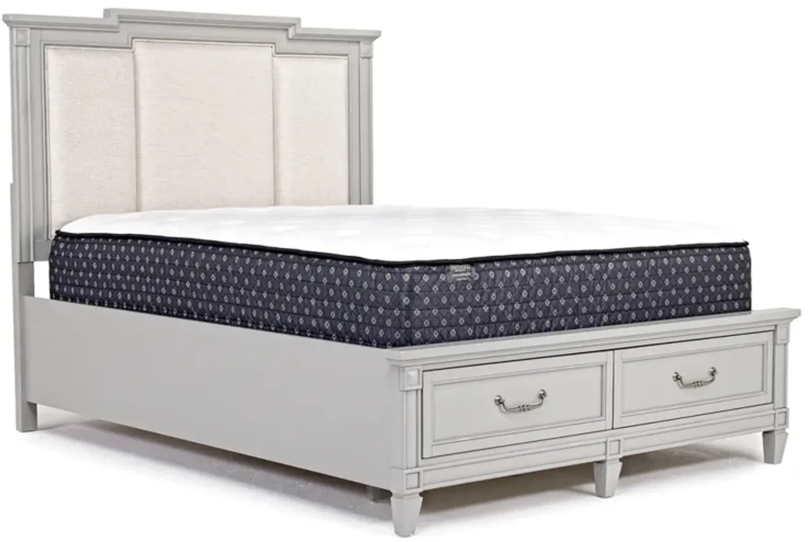 Willowbrook Upholstered Panel Bed w/ Storage in Pebble, Queen