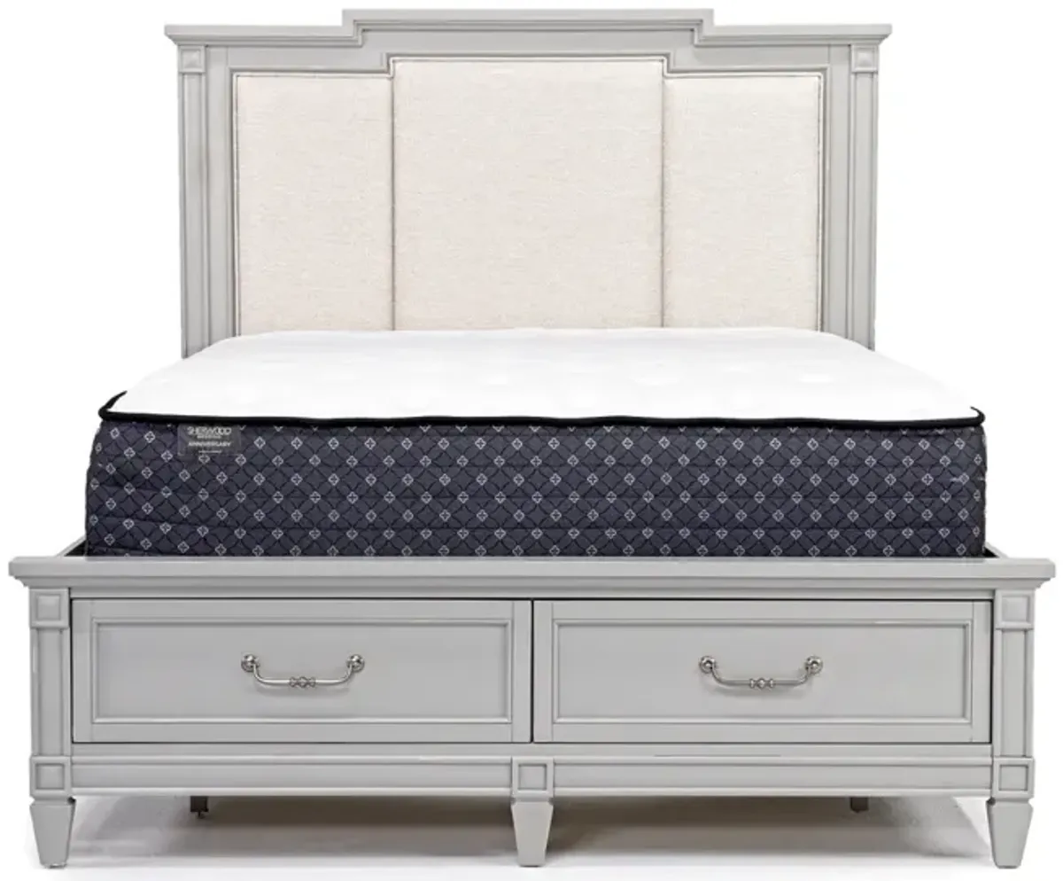 Willowbrook Upholstered Panel Bed w/ Storage, Dresser & Mirror in Pebble, Queen