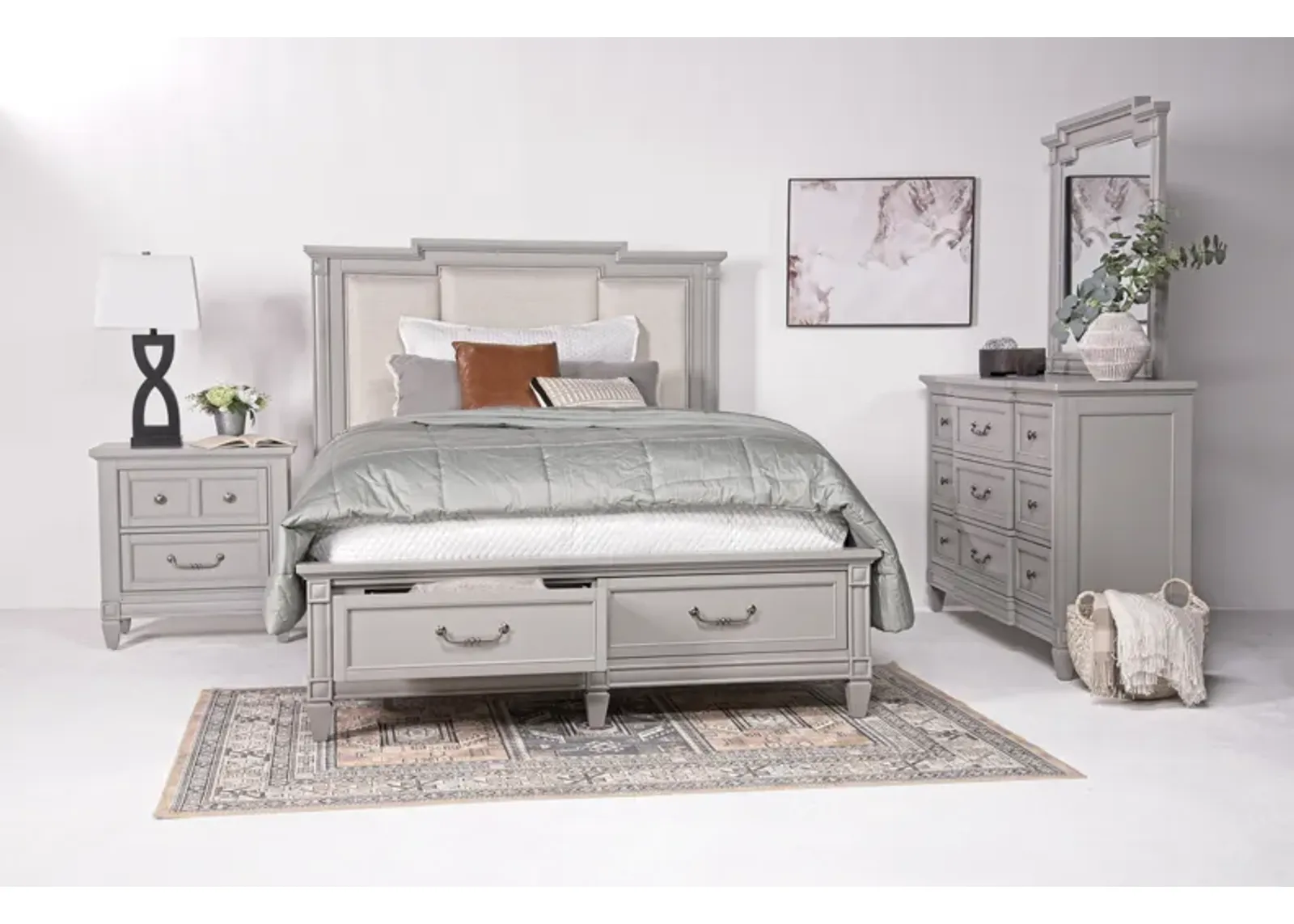 Willowbrook Upholstered Panel Bed w/ Storage, Dresser & Mirror in Pebble, Queen