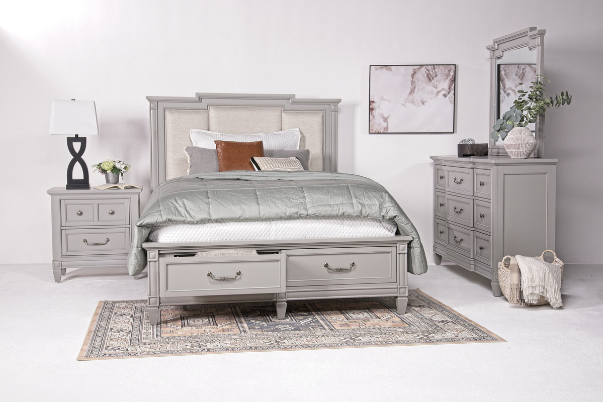 Willowbrook Upholstered Panel Bed w/ Storage, Dresser & Mirror in Pebble, Queen