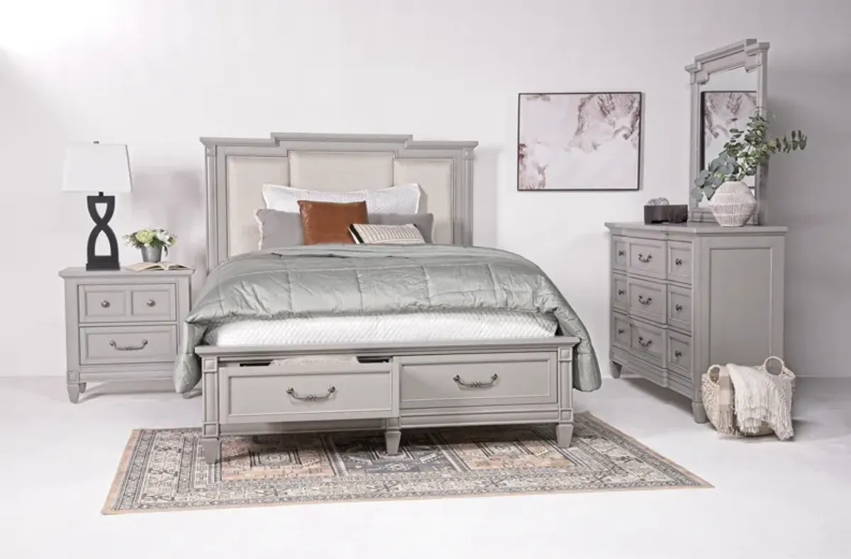 Willowbrook Upholstered Panel Bed w/ Storage, Dresser, Mirror & Nightstand in Pebble, Queen