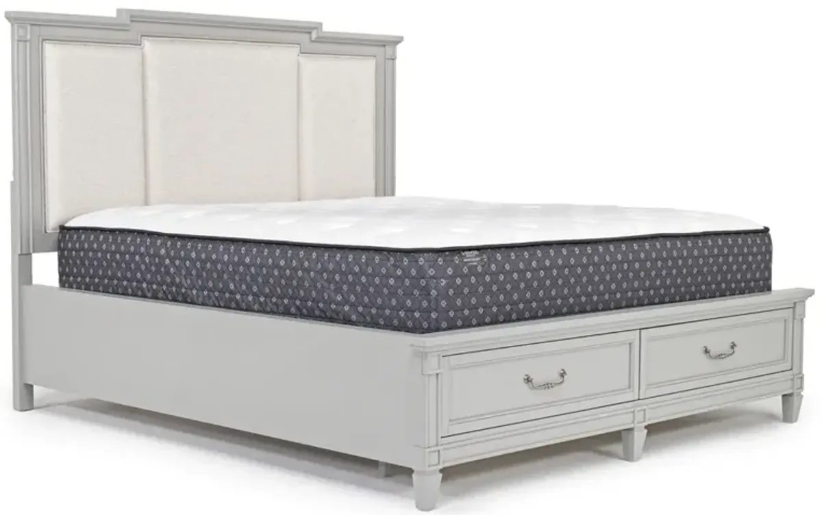 Willowbrook Upholstered Panel Bed w/ Storage, Dresser & Mirror in Pebble, CA King