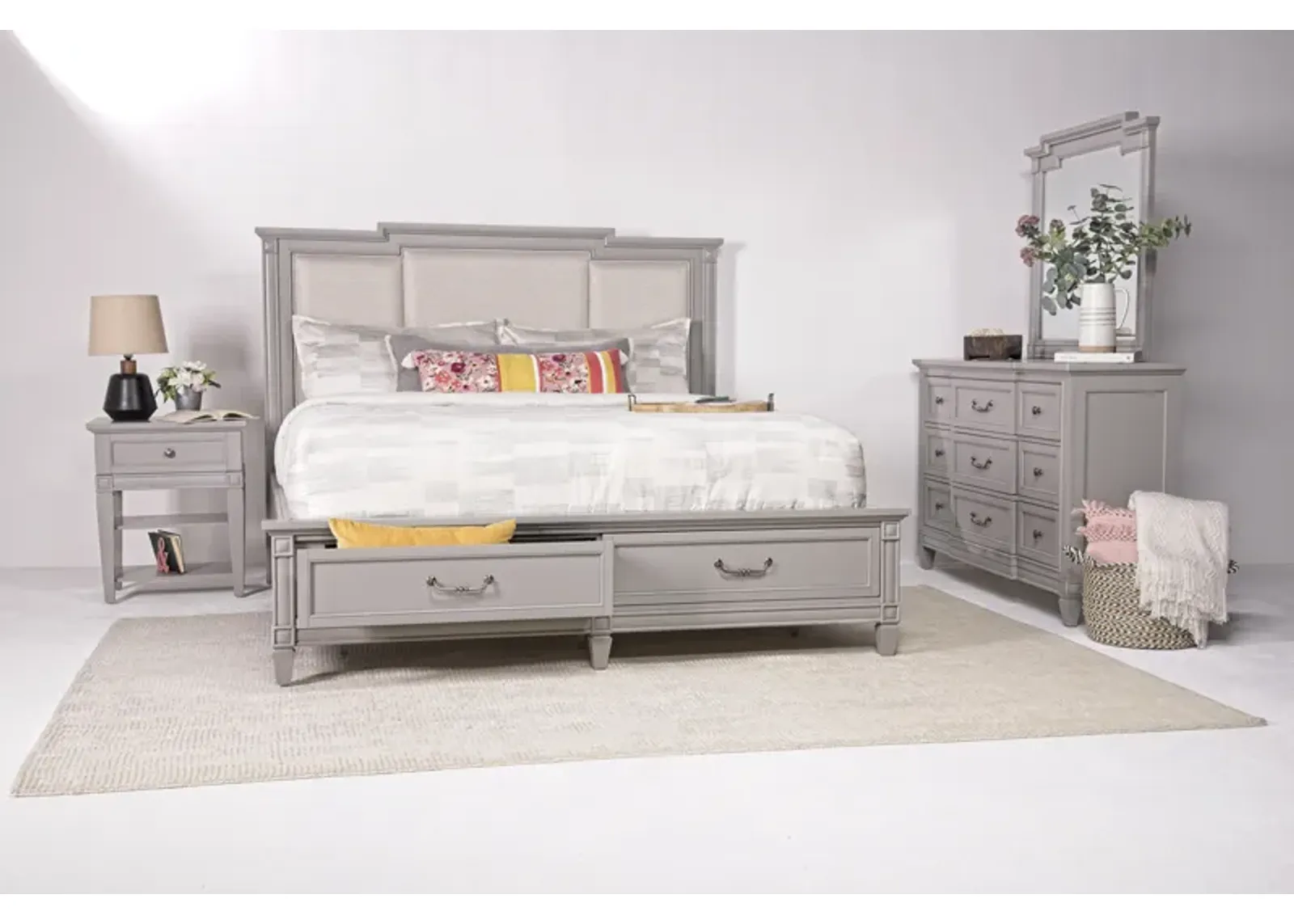 Willowbrook Upholstered Panel Bed w/ Storage, Dresser & Mirror in Pebble, CA King