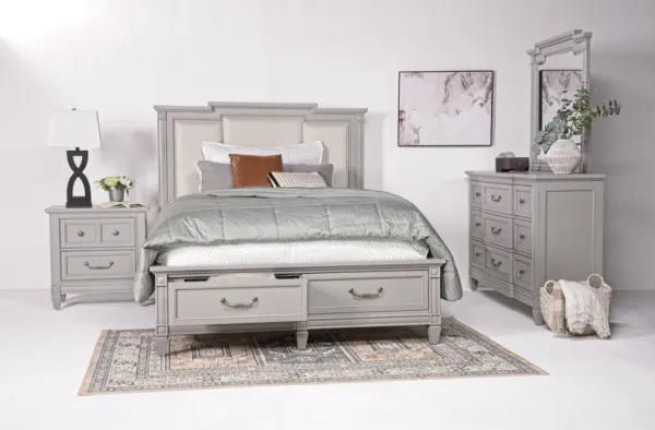 Willowbrook Upholstered Panel Bed w/ Storage, Dresser, Mirror & Nightstand in Pebble, CA King