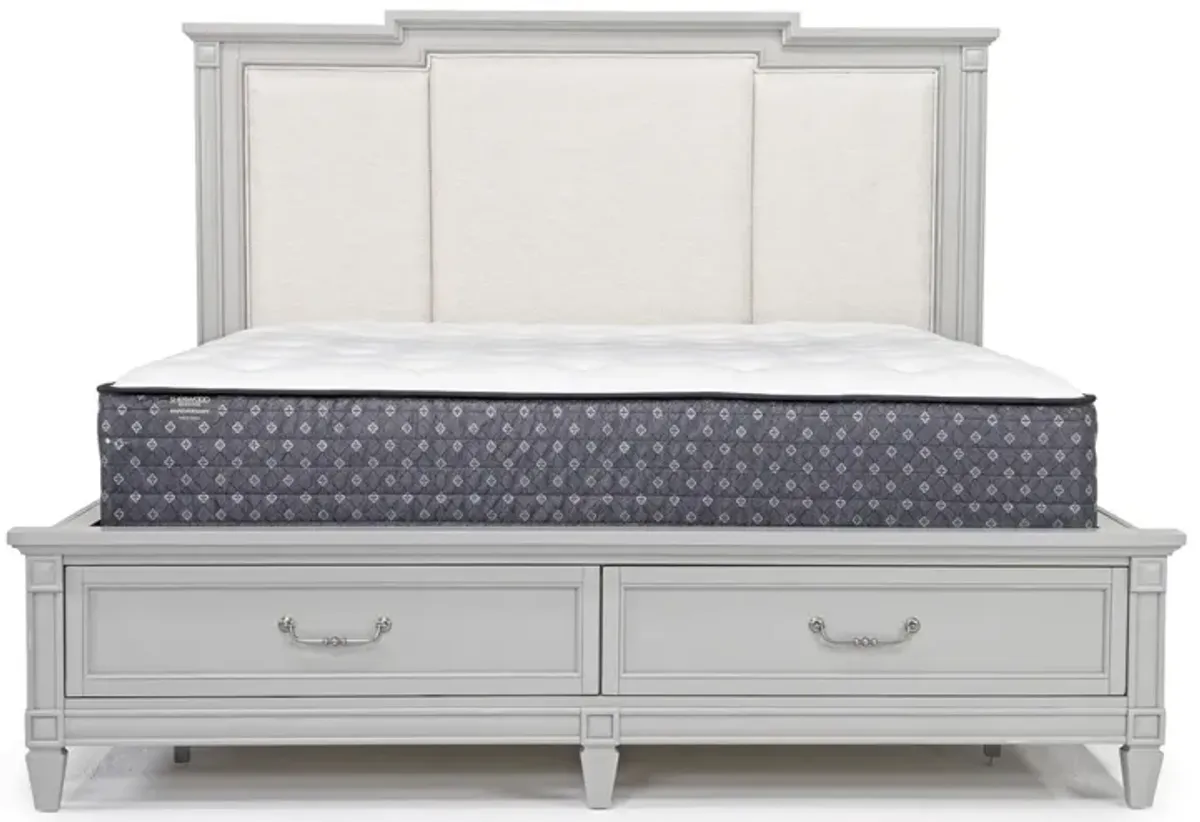 Willowbrook Upholstered Panel Bed w/ Storage in Pebble, Eastern King