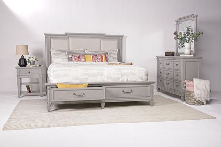 Willowbrook Upholstered Panel Bed w/ Storage, Dresser & Mirror in Pebble, Eastern King